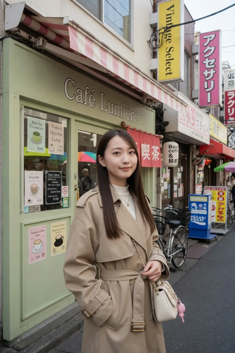 Grokでベース:看板が並ぶ商店街のカフェの前の例(2枚目)