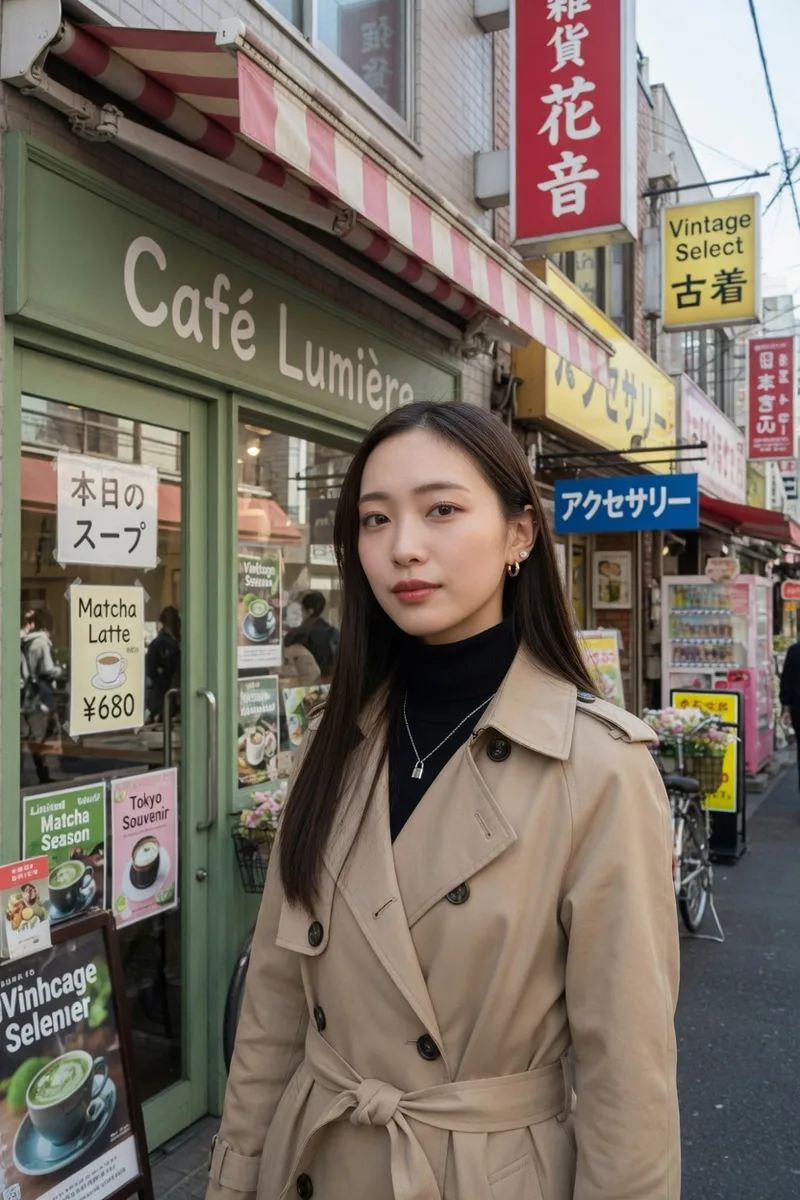 Grokでベース:看板が並ぶ商店街のカフェの前の例(3枚目)
