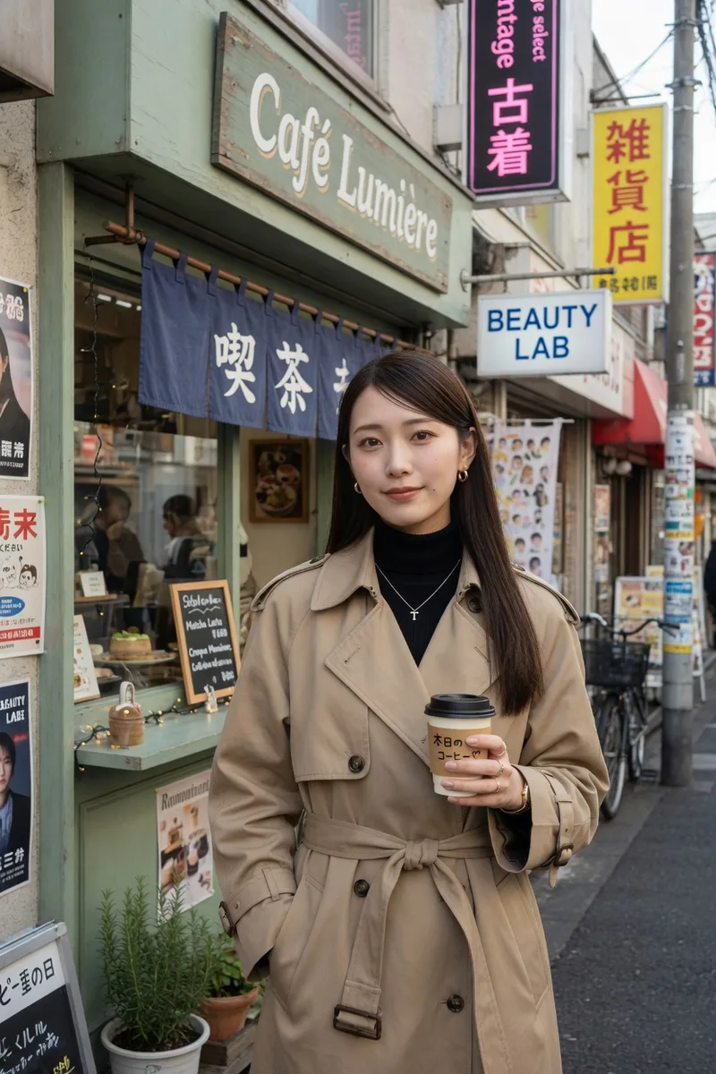 Grokでベース:看板が並ぶ商店街のカフェの前の例(4枚目)