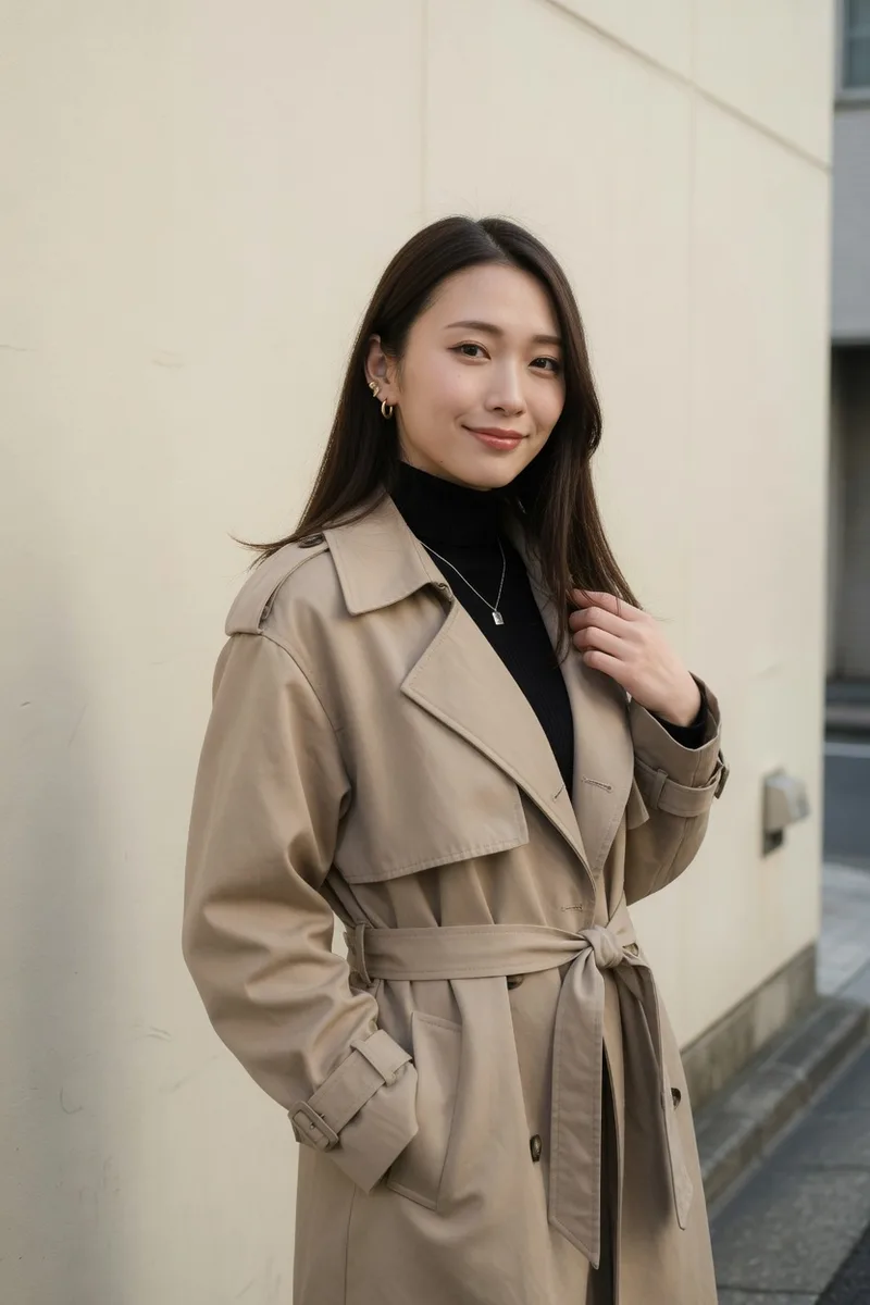 Grokで場所を書き換えた:standing in front of a plain cream-colored wall on a quiet Tokyo streetの例(1枚目)