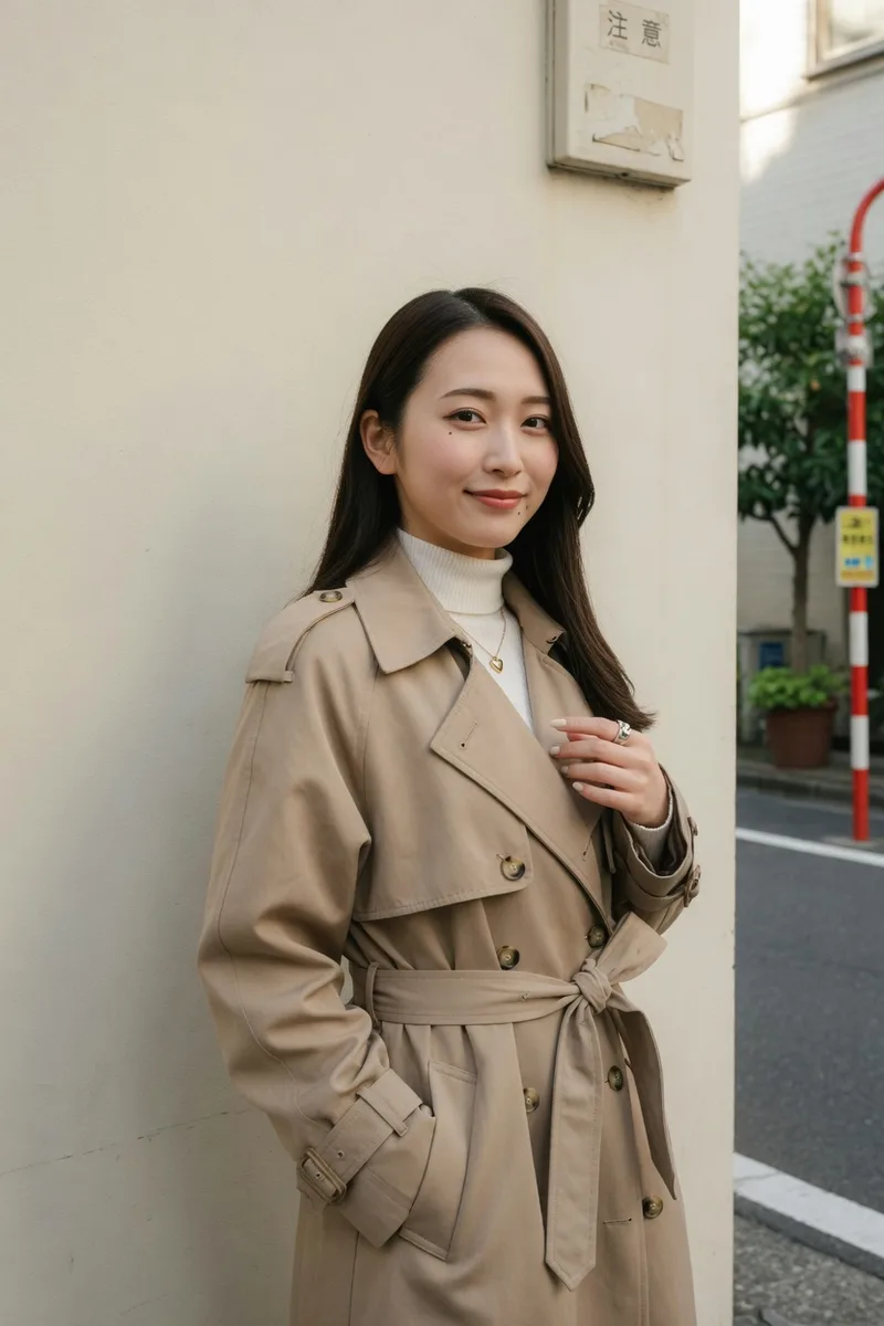 Grokで場所を書き換えた:standing in front of a plain cream-colored wall on a quiet Tokyo streetの例(2枚目)