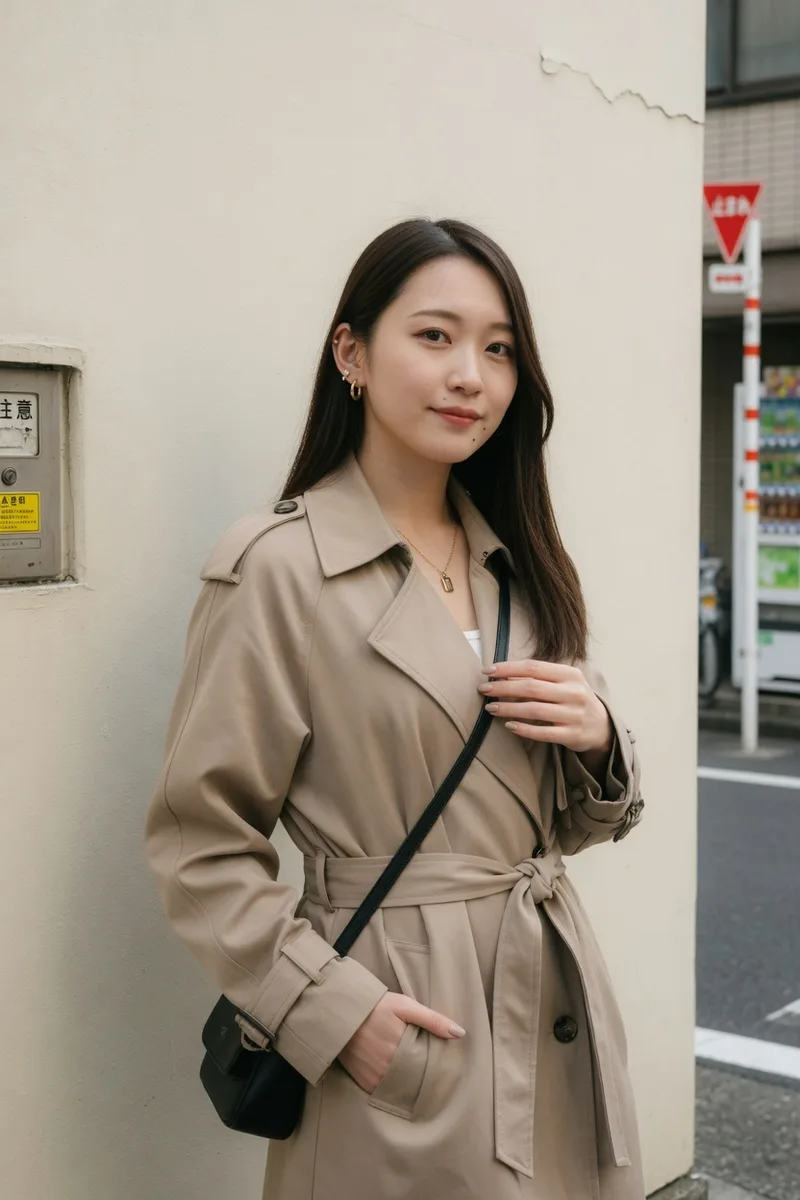 Grokで場所を書き換えた:standing in front of a plain cream-colored wall on a quiet Tokyo streetの例(4枚目)