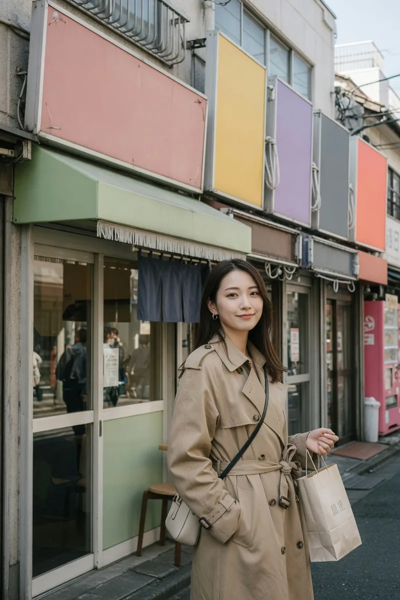 Grokで看板を書き換えた:lined with blank shop signs, every signboard and awning is a plain solid-color panelの例(1枚目)