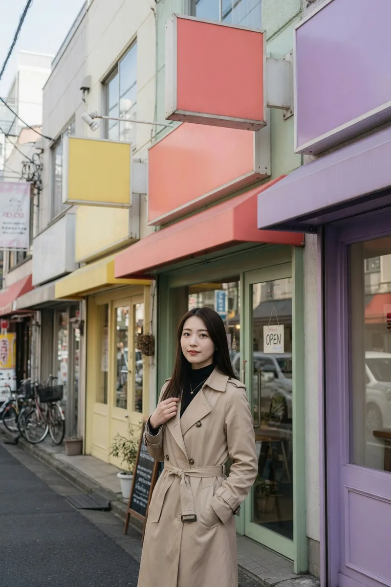 Grokで看板を書き換えた:lined with blank shop signs, every signboard and awning is a plain solid-color panelの例(2枚目)