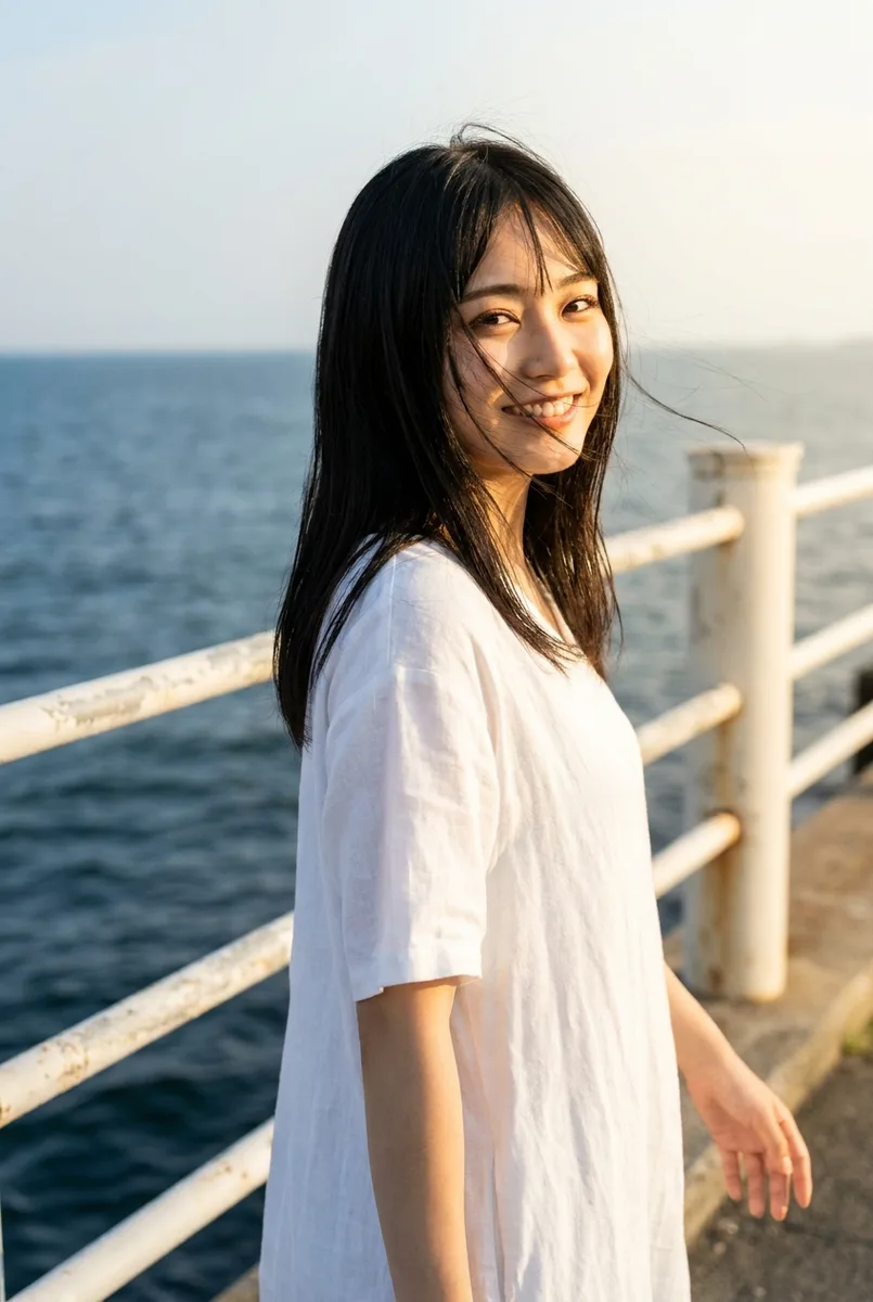 Nano Banana Proの作例（1枚目）：キーワードを並べた：beautiful Japanese woman, 20 years old, … seaside promenade, white railing …