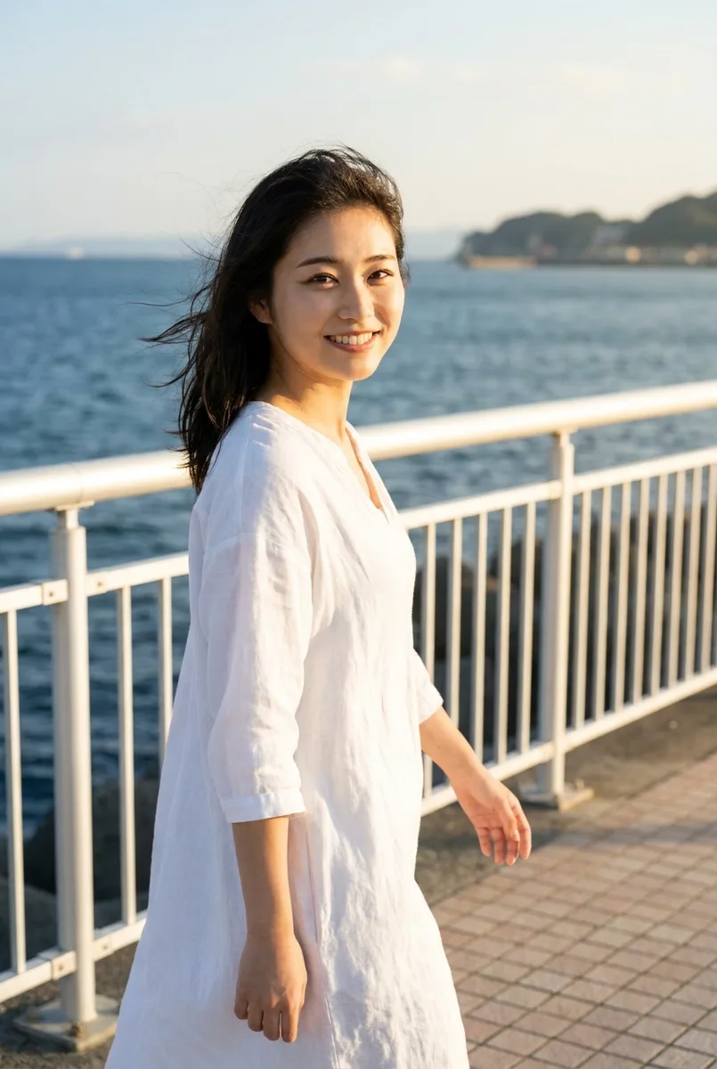 Nano Banana Proの作例（2枚目）：キーワードを並べた：beautiful Japanese woman, 20 years old, … seaside promenade, white railing …