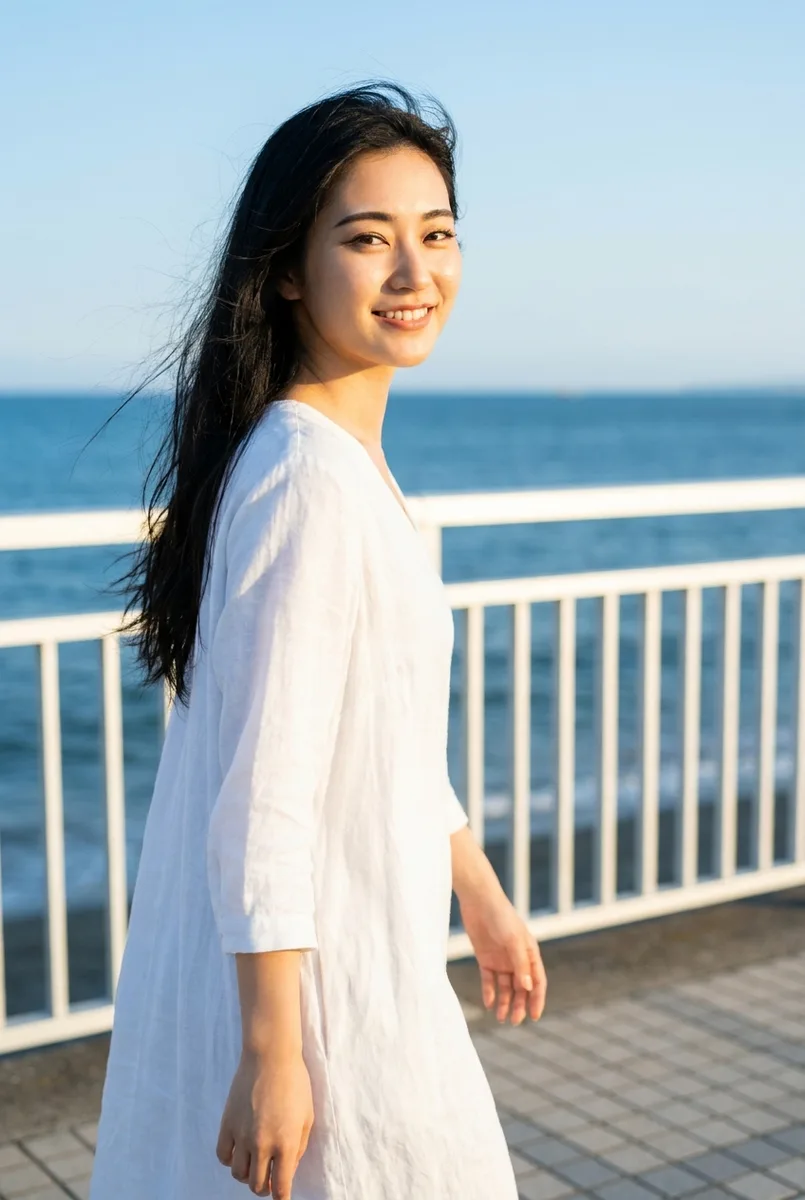 Nano Banana Proの作例（3枚目）：キーワードを並べた：beautiful Japanese woman, 20 years old, … seaside promenade, white railing …