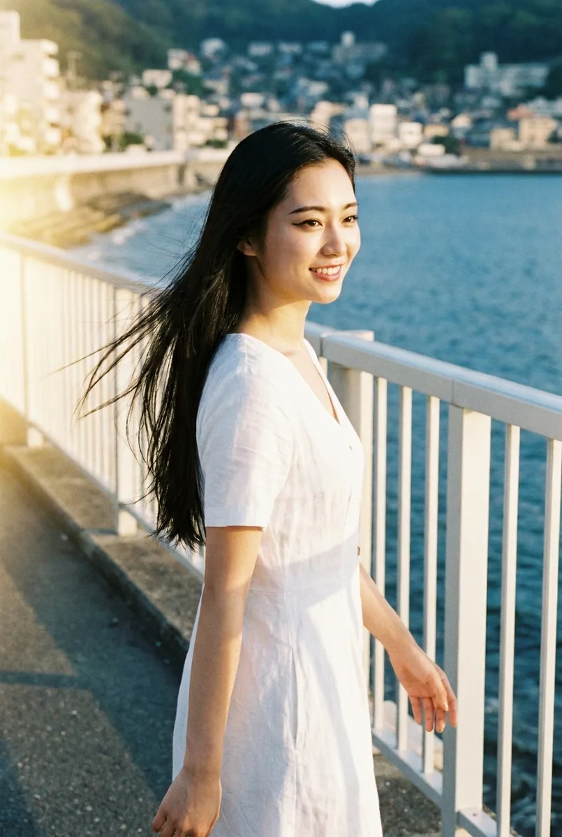 Nano Banana Proの作例（3枚目）：文章で書いた：A photorealistic waist-up photograph of … She is walking along a seaside promenade …