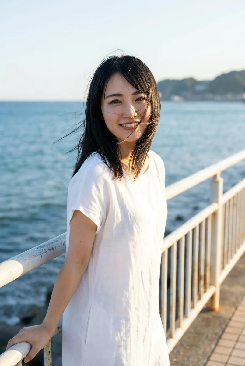 Nano Banana Proの作例（4枚目）：文章で書いた：A photorealistic waist-up photograph of … She is walking along a seaside promenade …