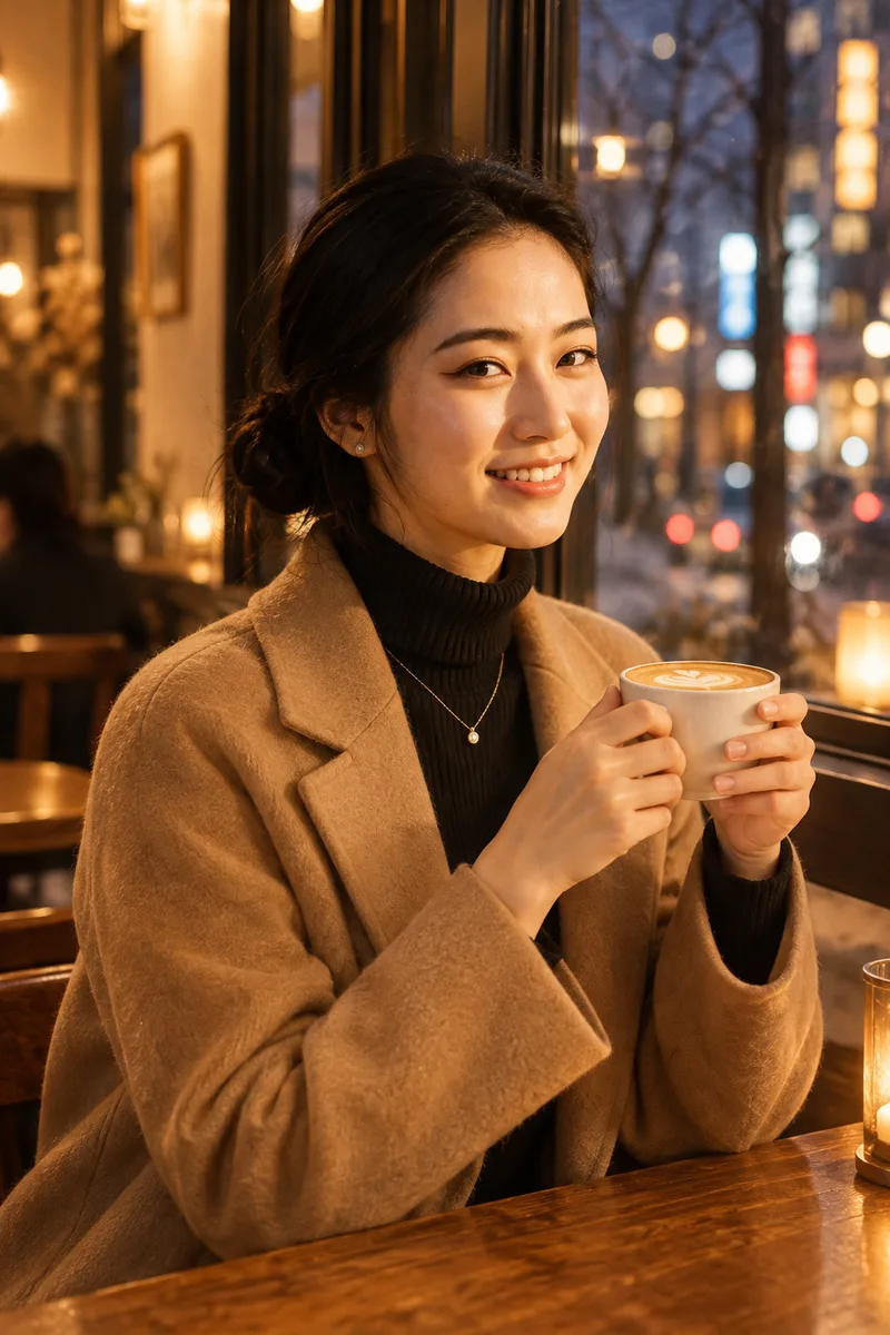 ChatGPTの作例（1枚目）：顔を保つ指示を先頭に：… and keep her face exactly the same, with the same face shape, eyes, nose and lips.