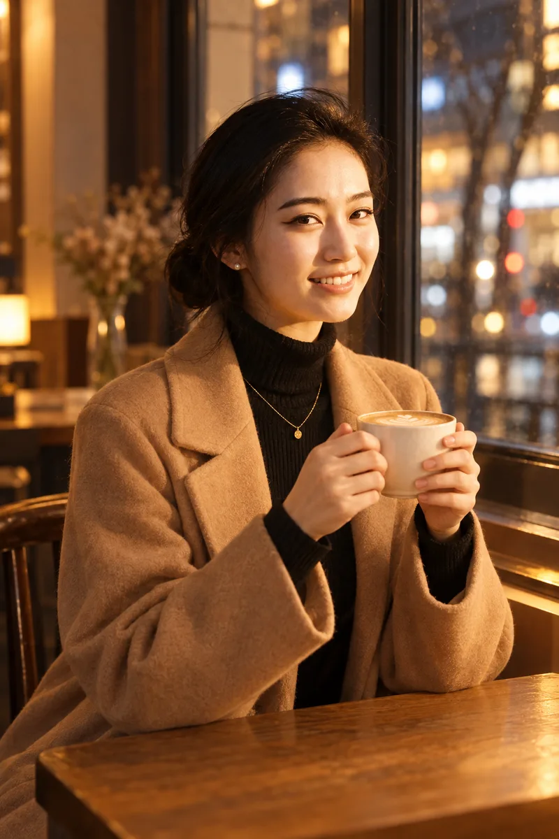 ChatGPTの作例（3枚目）：顔を保つ指示を服と場面の説明の後ろに：… Keep her face exactly the same, …