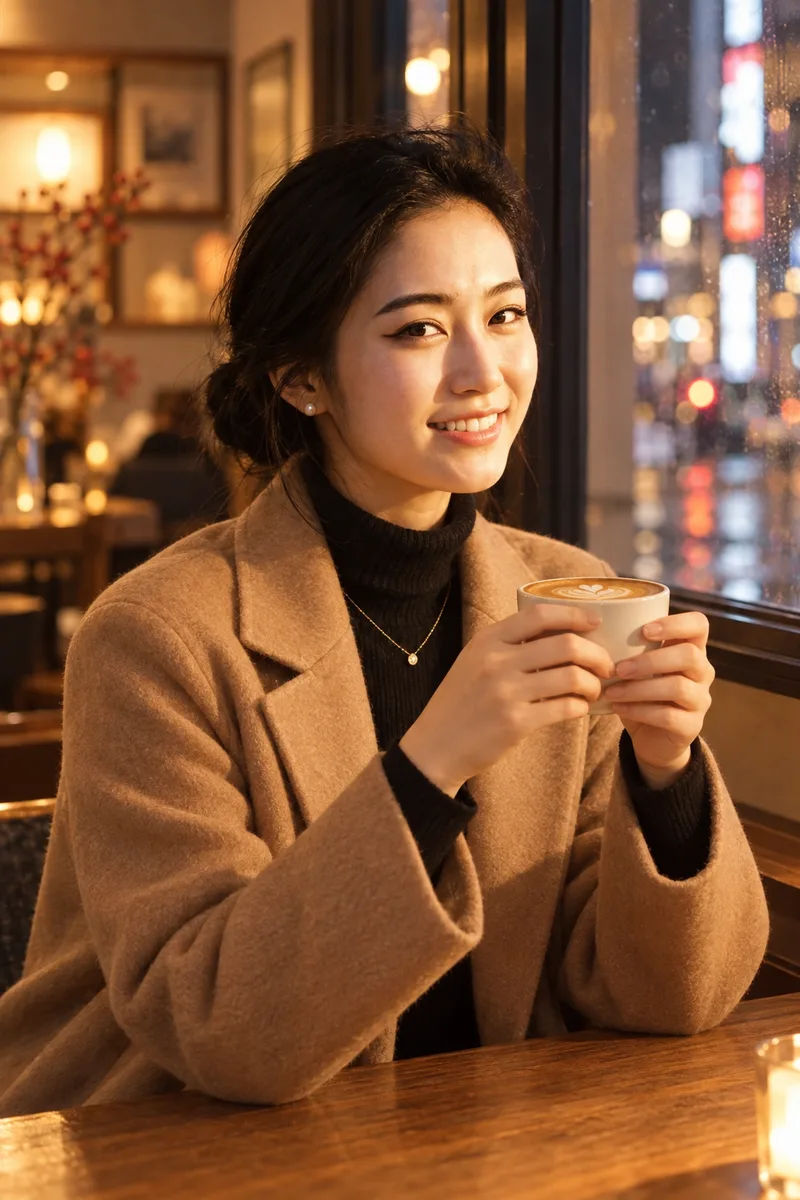 ChatGPTの作例（4枚目）：顔を保つ指示を服と場面の説明の後ろに：… Keep her face exactly the same, …