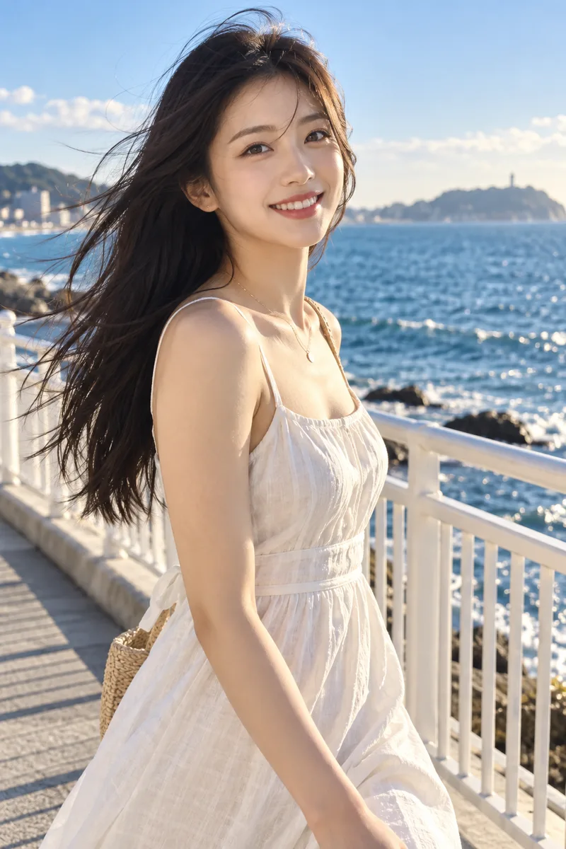 ChatGPTの作例（1枚目）：キーワードを並べた：beautiful Japanese woman, 20 years old, … seaside promenade, white railing …