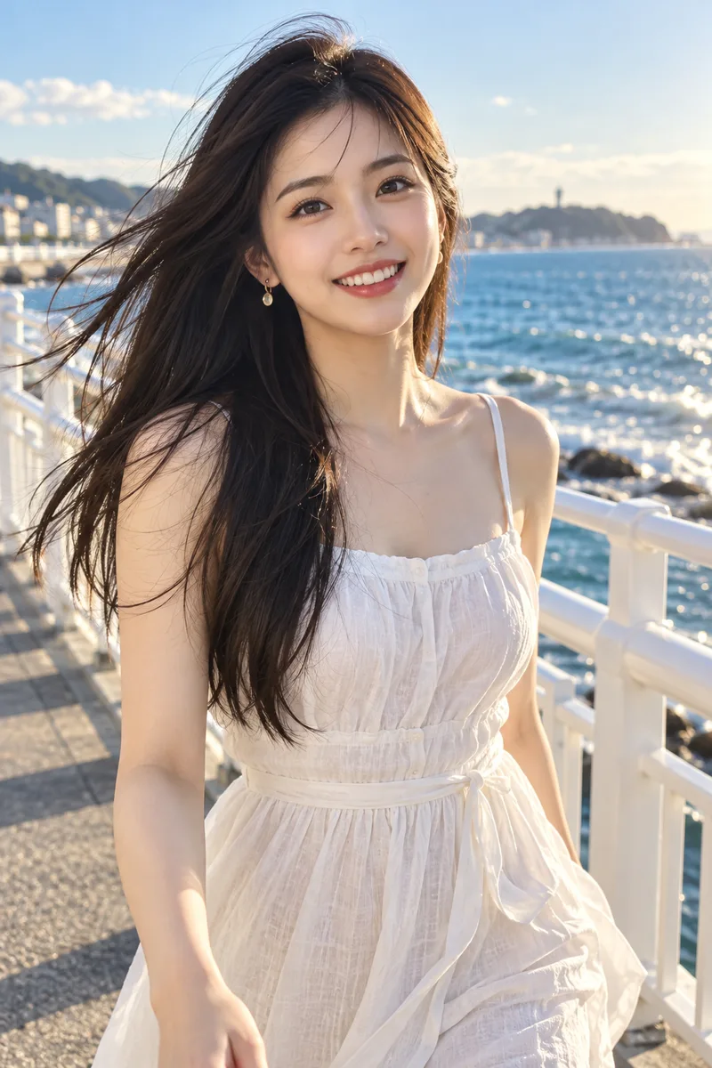 ChatGPTの作例（2枚目）：キーワードを並べた：beautiful Japanese woman, 20 years old, … seaside promenade, white railing …