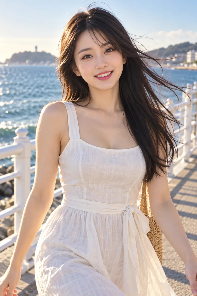ChatGPTの作例（3枚目）：キーワードを並べた：beautiful Japanese woman, 20 years old, … seaside promenade, white railing …