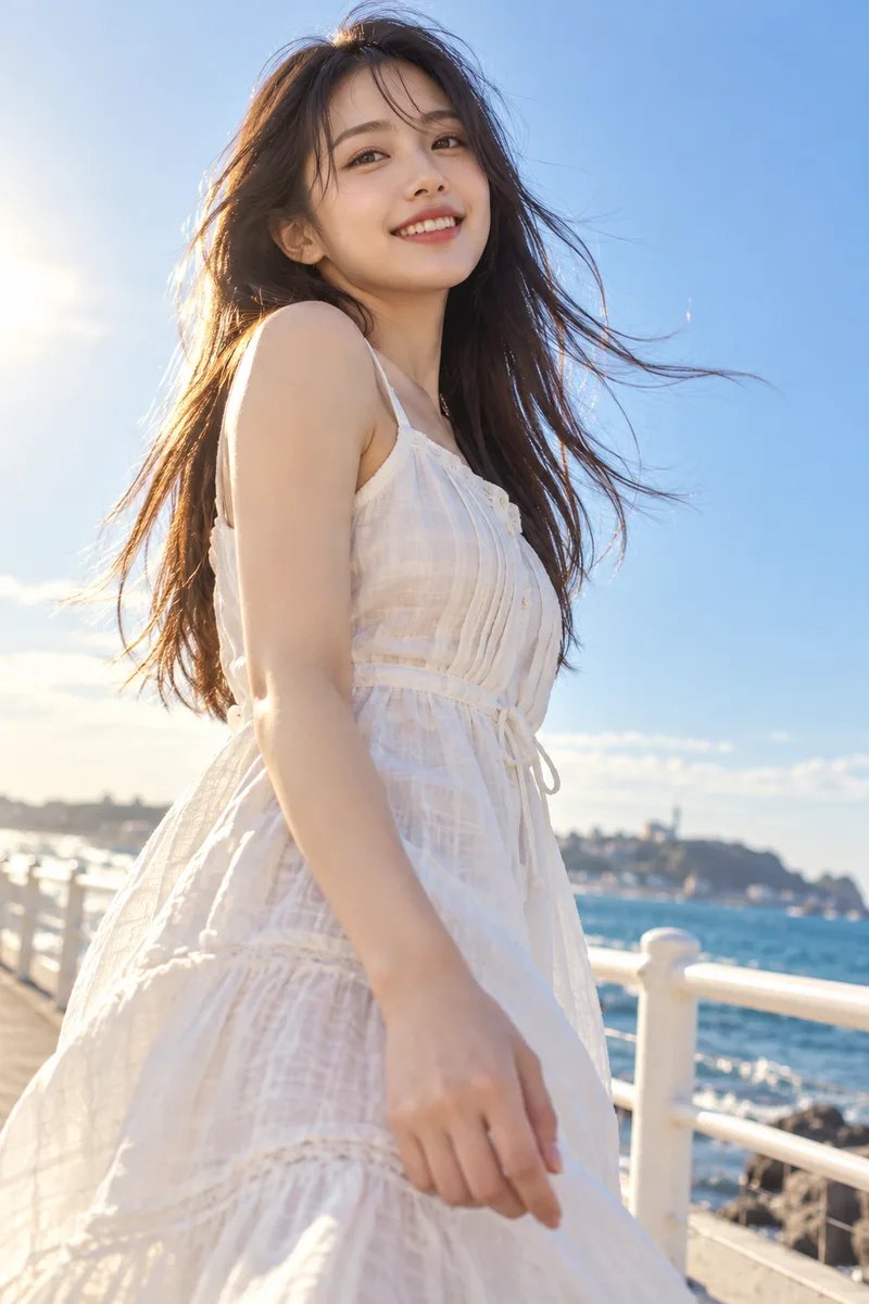 ChatGPTの作例（1枚目）：カメラの位置を文章で書いた：the camera is placed low near the ground and looks up at her against the sky