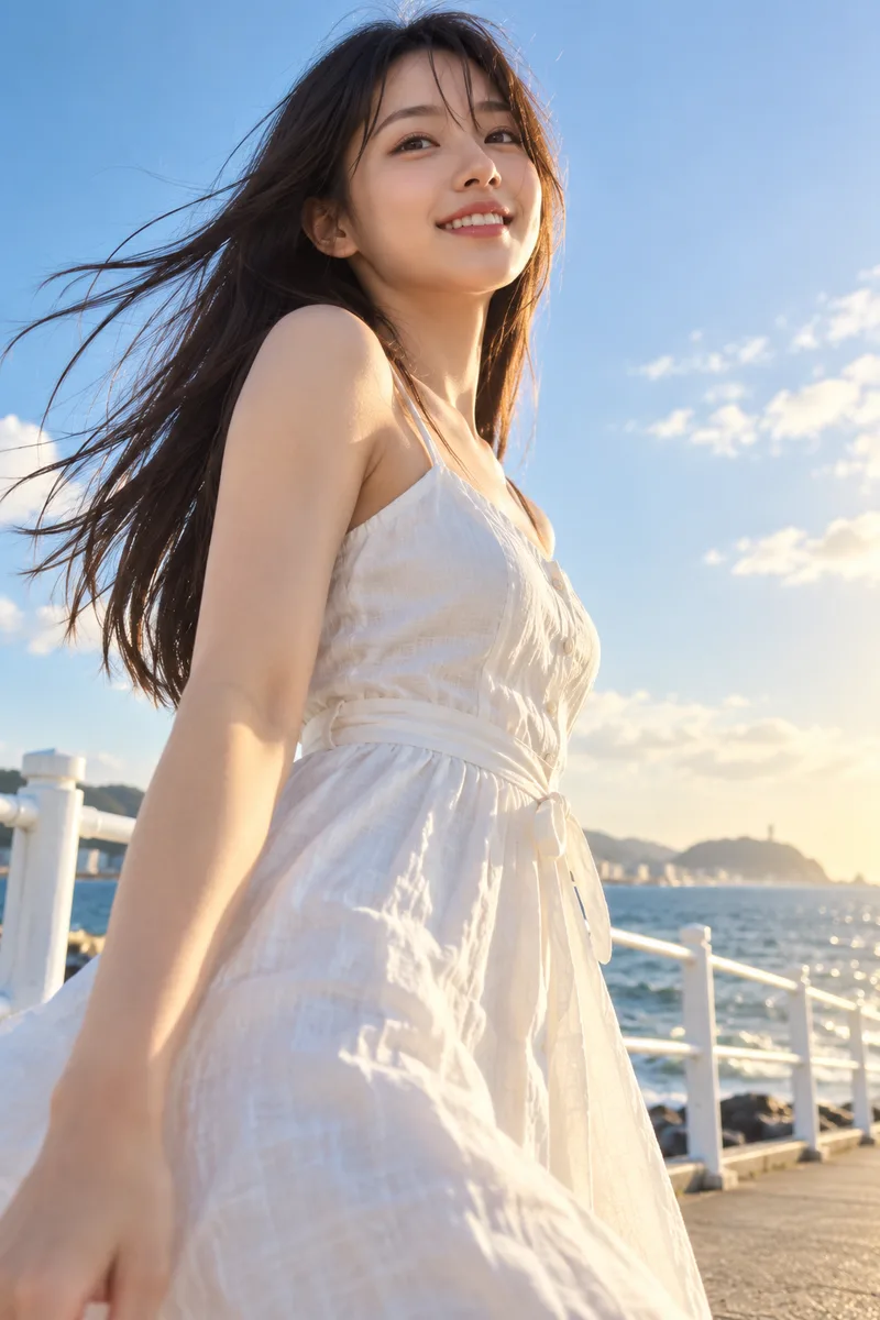 ChatGPTの作例（3枚目）：カメラの位置を文章で書いた：the camera is placed low near the ground and looks up at her against the sky