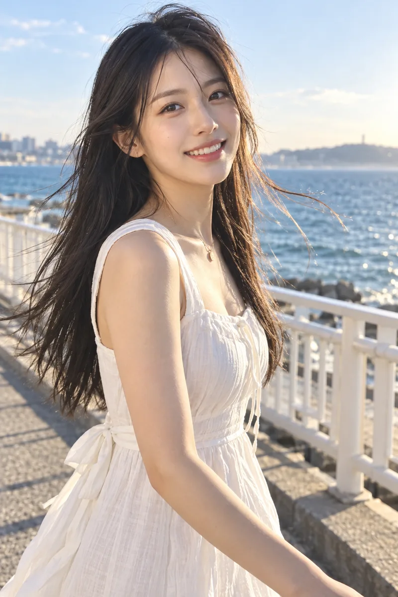ChatGPTの作例（1枚目）：文章で書いた：A photorealistic waist-up photograph of … She is walking along a seaside promenade …