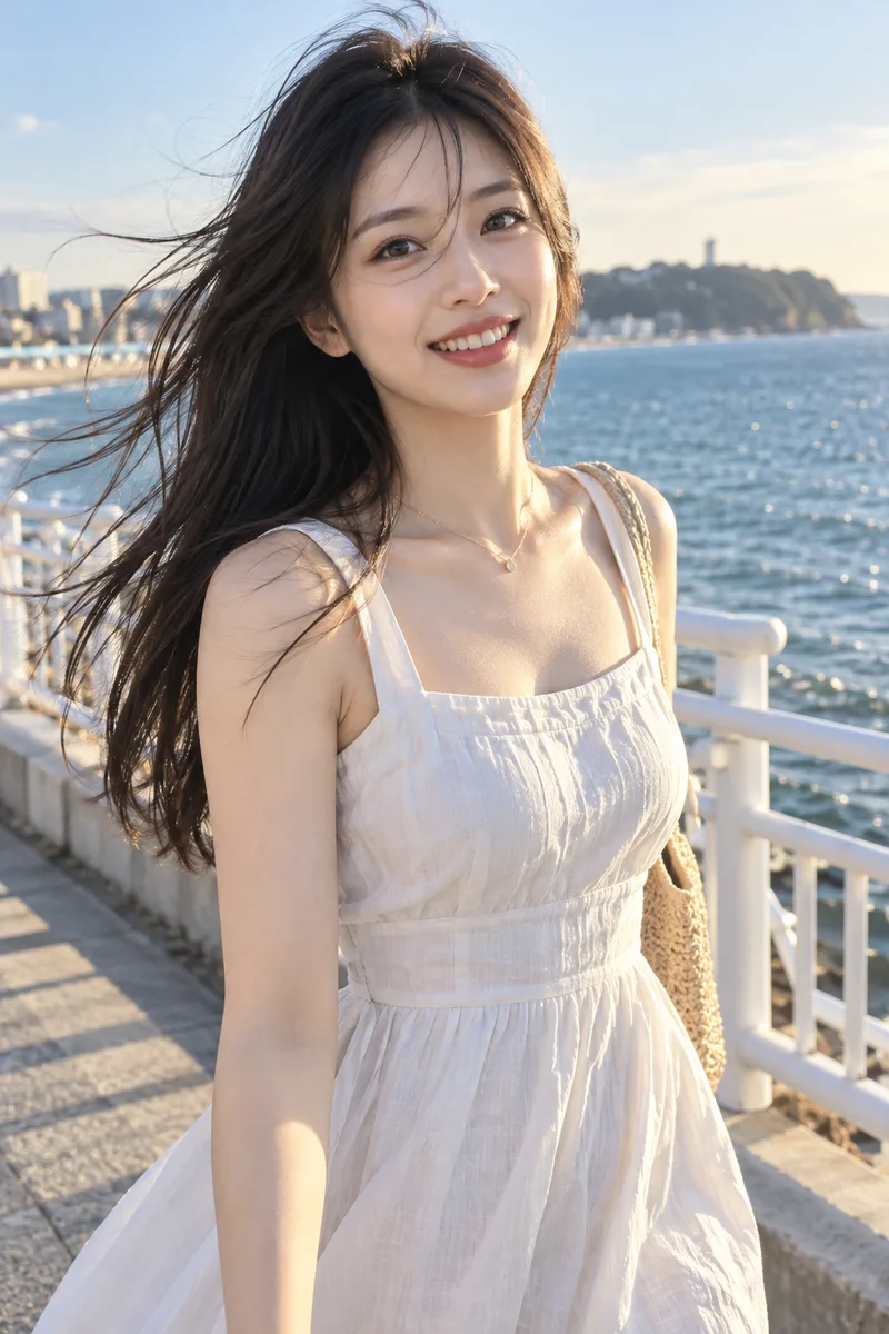 ChatGPTの作例（2枚目）：文章で書いた：A photorealistic waist-up photograph of … She is walking along a seaside promenade …