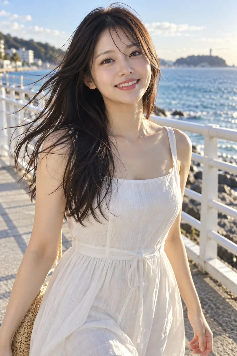 ChatGPTの作例（3枚目）：文章で書いた：A photorealistic waist-up photograph of … She is walking along a seaside promenade …