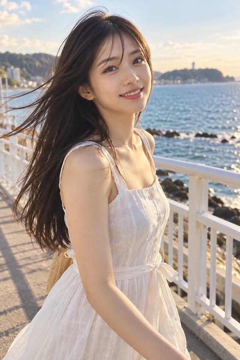 ChatGPTの作例（4枚目）：文章で書いた：A photorealistic waist-up photograph of … She is walking along a seaside promenade …