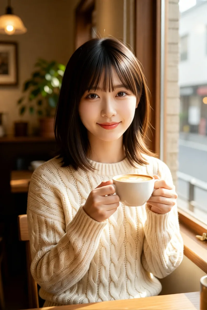 Qwen-Image-Edit-2511でカフェの画像に元の1枚の顔を戻した例（1枚目）