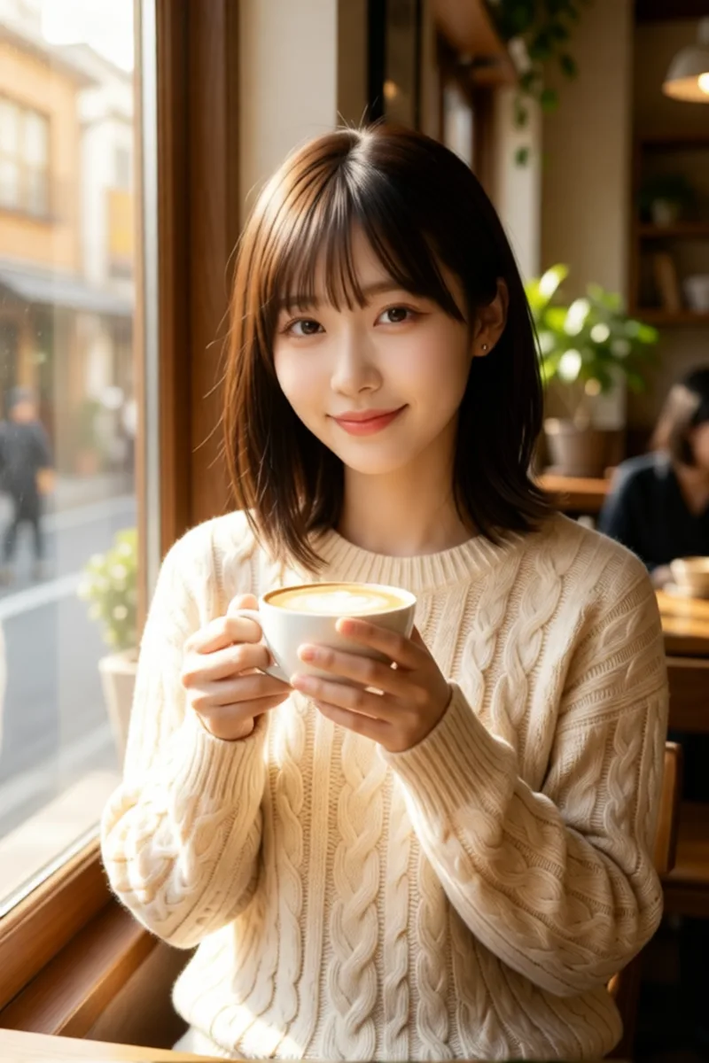 Qwen-Image-Edit-2511でカフェの画像に元の1枚の顔を戻した例（2枚目）