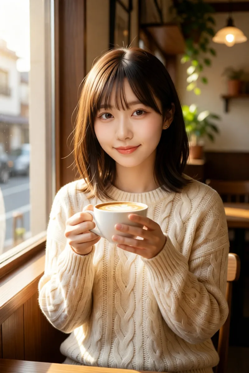 Qwen-Image-Edit-2511でカフェの画像に元の1枚の顔を戻した例（3枚目）
