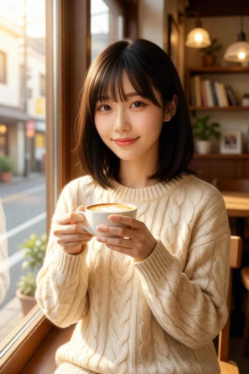 Qwen-Image-Edit-2511でカフェの画像に元の1枚の顔を戻した例（4枚目）