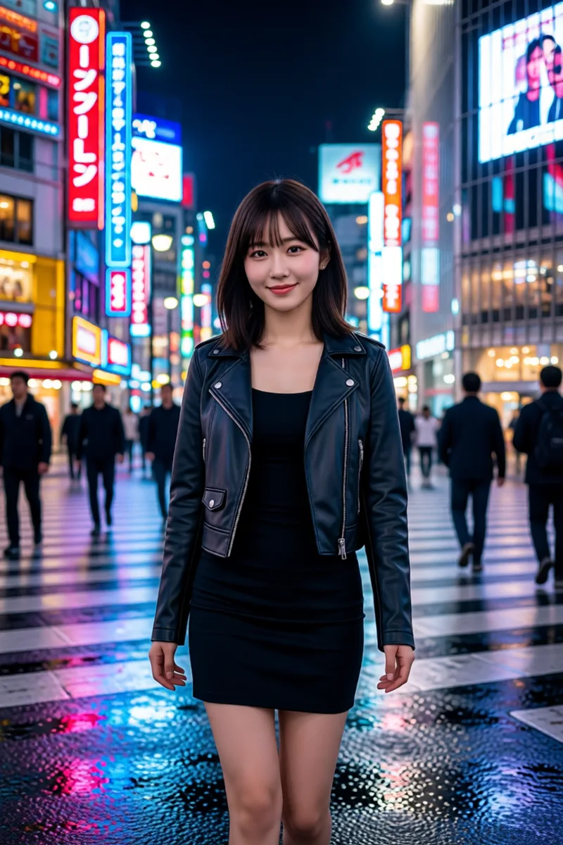 Qwen-Image-Edit-2511に元の1枚を渡して夜の渋谷で作った例（2枚目）