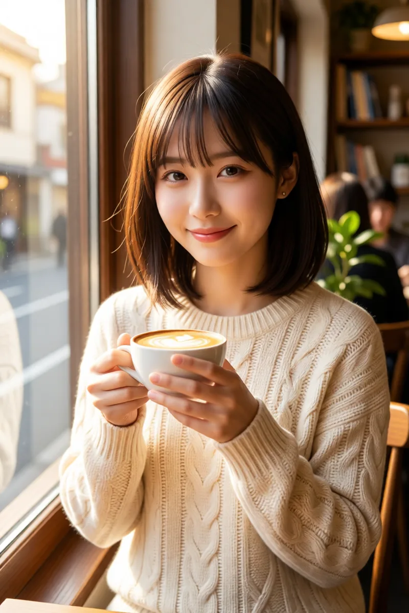 髪型をキーワードで書いたQwen-Image-Edit-2511のカフェの例（1枚目）