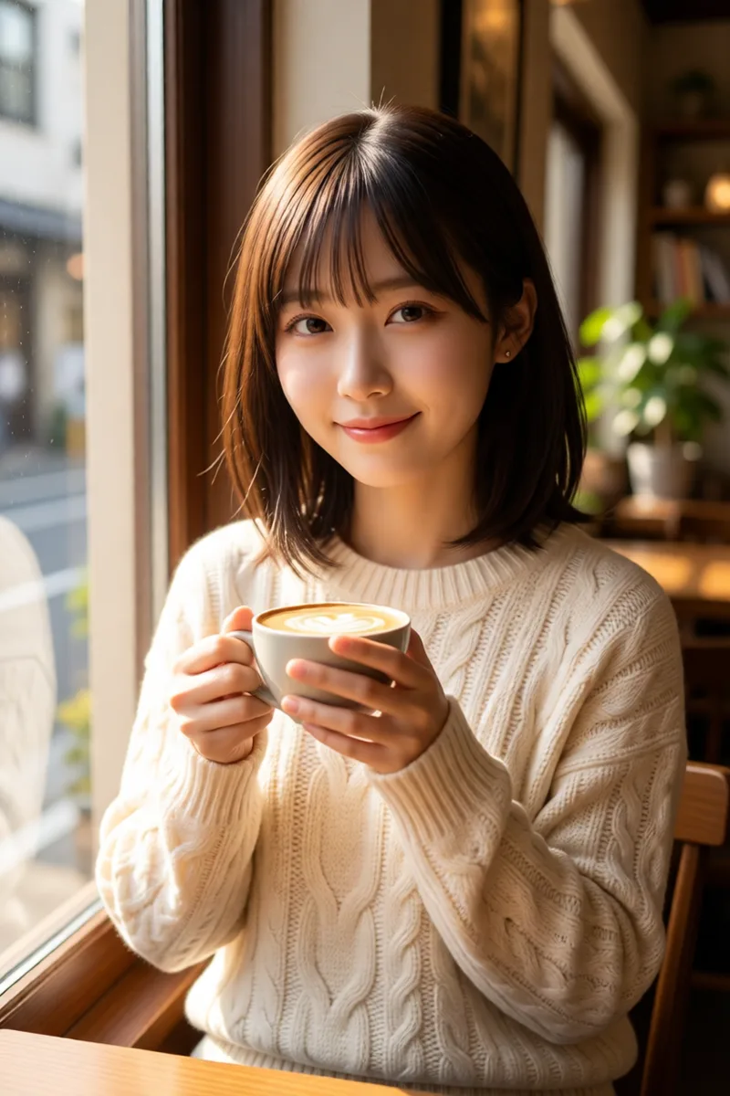 髪型をキーワードで書いたQwen-Image-Edit-2511のカフェの例（2枚目）