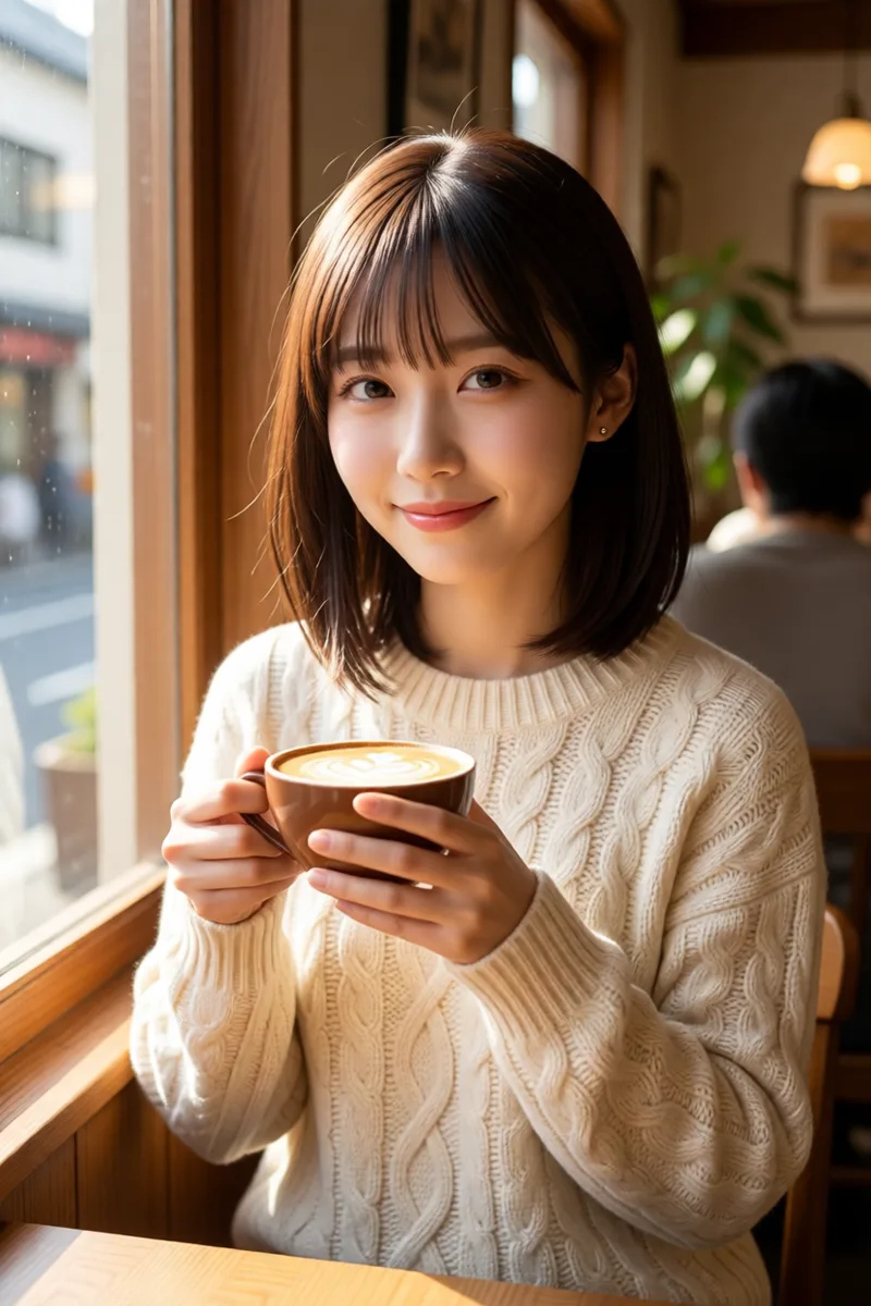 髪型をキーワードで書いたQwen-Image-Edit-2511のカフェの例（3枚目）