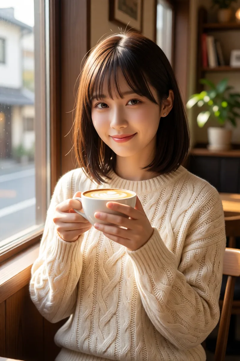 髪型をキーワードで書いたQwen-Image-Edit-2511のカフェの例（4枚目）
